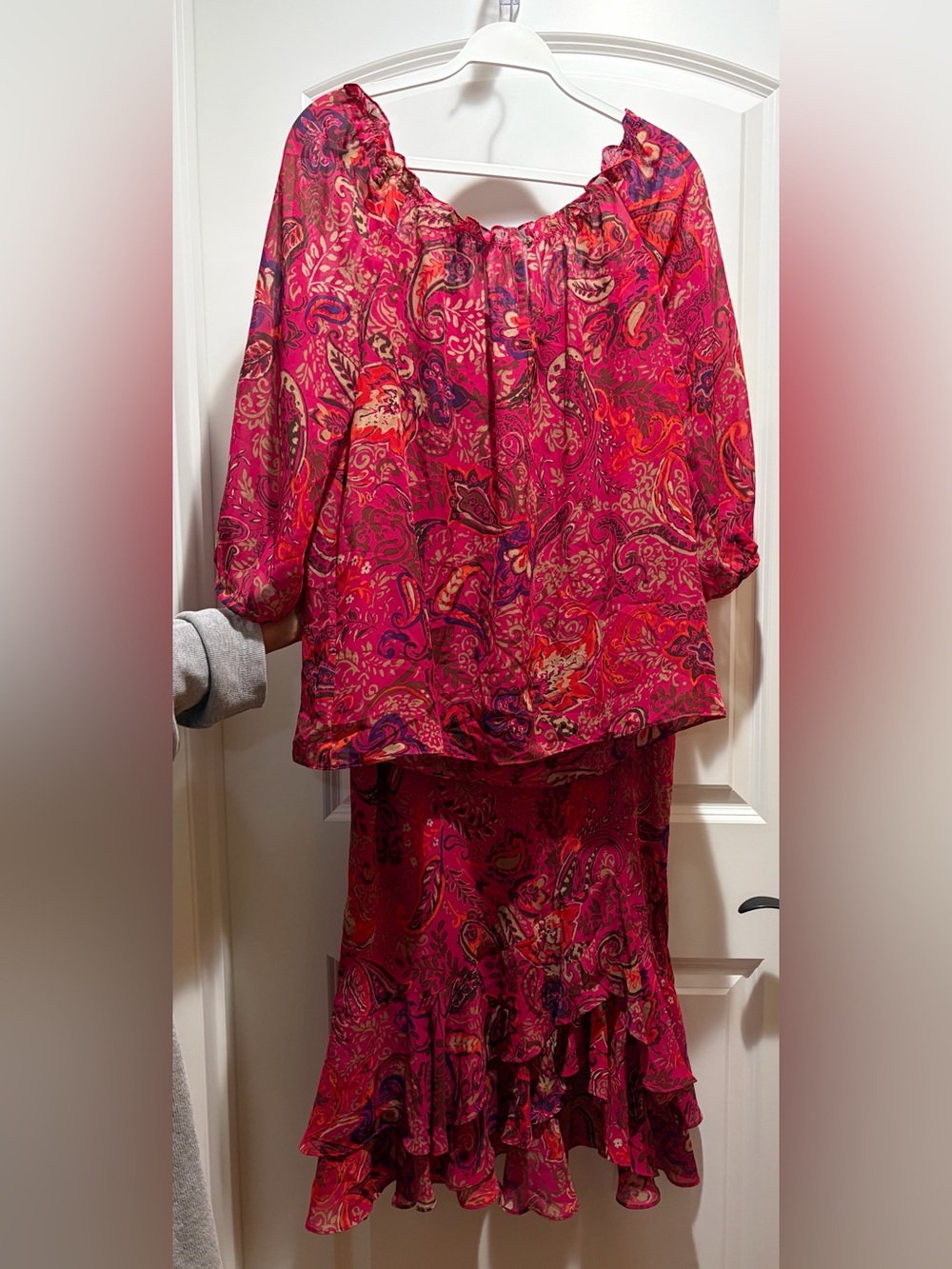 Vibrant Pink Paisley Ruffle Skirt Set